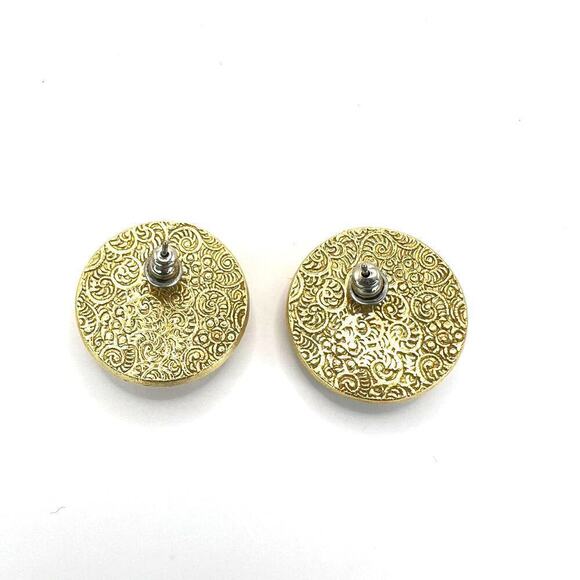 Vintage Floral Transfer Acrylic Stud Earrings Round Ornate Gold Tone Surround - Picture 3 of 5